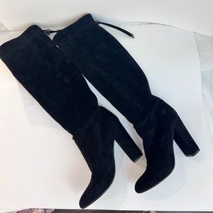 LANVIN Black Suede Leather Knee High  Stacked Heel Boot